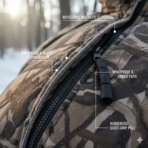 Close-up illustration of the silent zipper system designed for stealthy movement inside the suit.