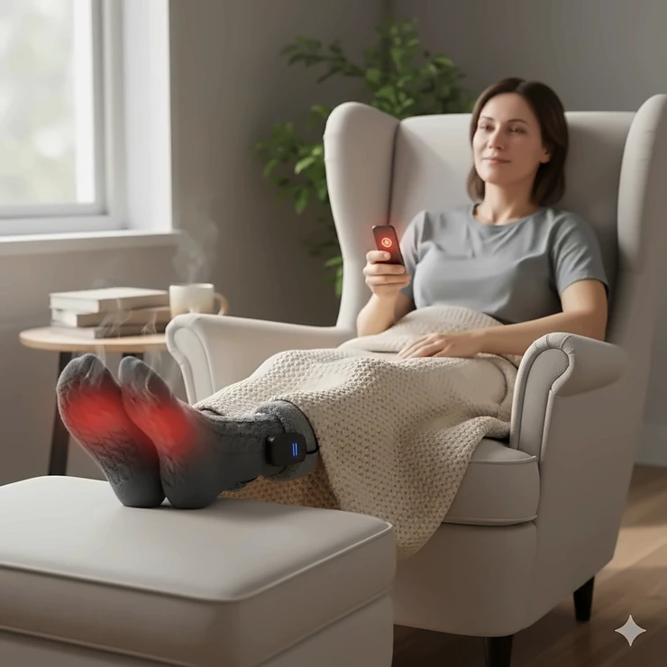 A person relaxing in a chair, clearly enjoying the warmth and therapeutic comfort of rechargeable heated socks, a non-invasive treatment for severe foot arthritis.