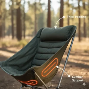 An image of the chair's thick padding and lumbar support, showing the comfort features of the rechargeable heated camp chair.