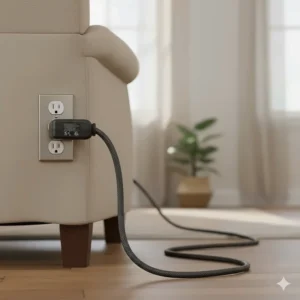 Image showing the safety-certified, durable power cord and plug connecting the heated chair to a standard wall outlet.