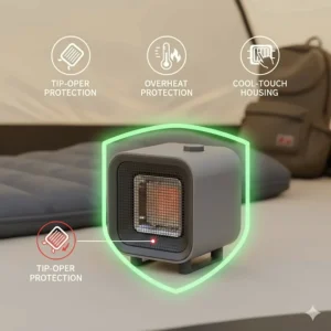Diagram showing the safety features of a space heater, including tip-over and overheat protection, essential for camping.