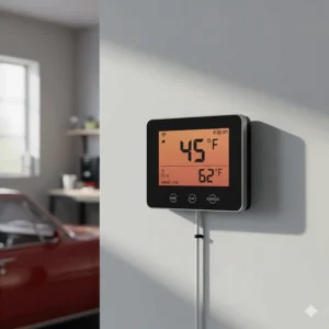 A close-up illustration of a digital programmable thermostat connected to a garage heating system.