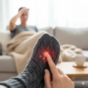 Close-up of a remote or control button on heated socks, illustrating the different temperature settings for customized warmth and managing arthritis symptoms.