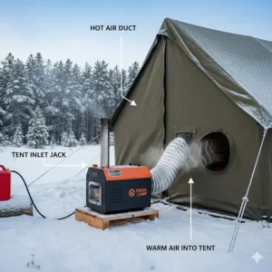Close-up view of the hot air ducting from a portable diesel heater being routed through a protected inlet into a four-person winter tent.