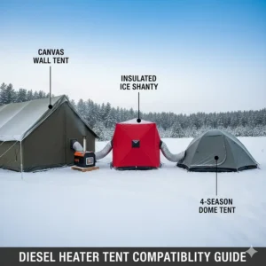Visual guide showcasing different tent types (canvas, wall tent, ice shanty) that are compatible with external diesel heater setups.