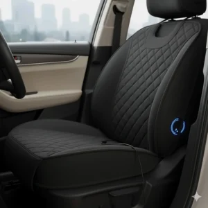 A non-slip, universal heated car seat cushion installed, offering soothing warmth during the daily commute.