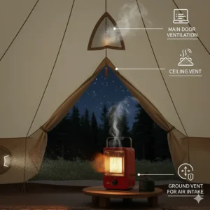 Image demonstrating proper ventilation techniques when using an indoor camping space heater, showing open tent vents.