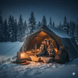 A complete winter camping setup showing a cold-weather tent and a powerful camping space heater maintaining indoor comfort.
