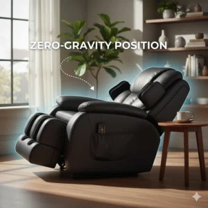 Side view of the recliner massage chair fully extended into a zero-gravity position, demonstrating optimal stress relief and comfort.