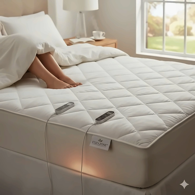 A premium 6 zone heated mattress pad on a king-sized bed showing the dual controllers and soft quilted texture.