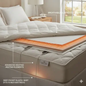 Cross-section view of the breathable cotton top and internal heating wires of a 6 zone mattress pad.