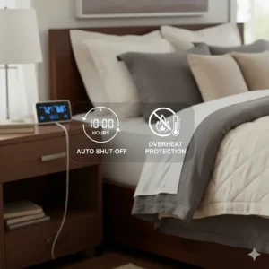 Icon showing the 10-hour auto-shut-off and overheat protection features of a California King heated mattress pad.