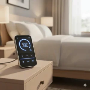 Graphic showing the 10-hour automatic shutoff safety feature on a low EMF electric mattress pad.