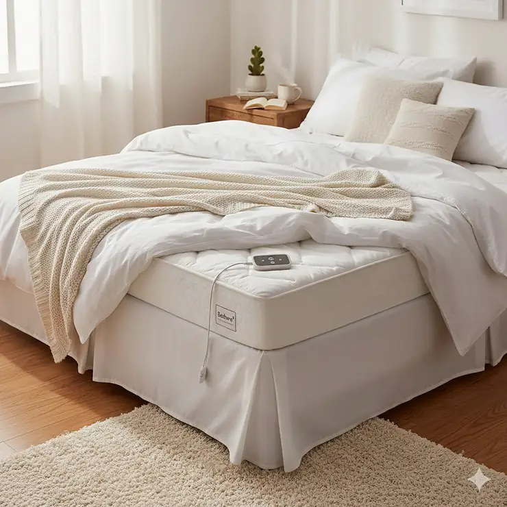 A cozy master bedroom featuring a Bedsure heated mattress pad layered under crisp white linens for winter warmth.