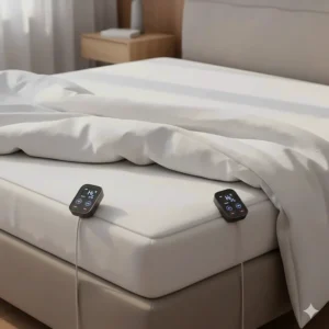 Close-up of the dual bedside controllers for a king-size Bedsure heated mattress pad allowing independent temperature settings.