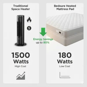 Infographic comparing the low energy consumption of a Bedsure heated mattress pad versus a standard space heater.