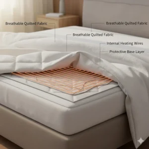 A cross-section diagram of the breathable quilted fabric and internal heating wires of a Bedsure mattress pad.