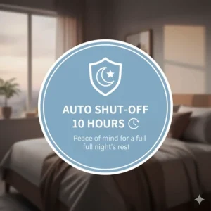 Illustration highlighting the 10-hour automatic shut-off safety feature for Biddeford heated bedding.