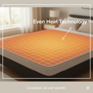 Illustration showing the ultra-thin heating wires inside a queen mattress pad for even heat distribution.