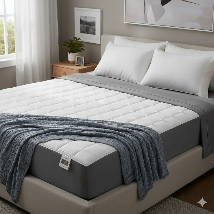 A white Biddeford heated mattress pad in king size fitted on a luxury bed with dual controllers visible. biddeford heated mattress pad king