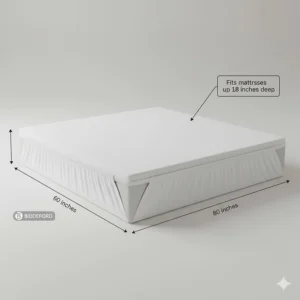 Diagram illustrating the dimensions and deep pocket fit of a queen Biddeford heated mattress pad.