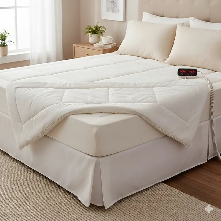 A queen-sized Biddeford heated mattress pad fitted on a bed with white linens in a cozy, modern bedroom. biddeford heated mattress pad queen