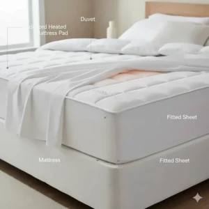 A cutaway diagram showing the Biddeford heated pad placed between the mattress and the fitted sheet.