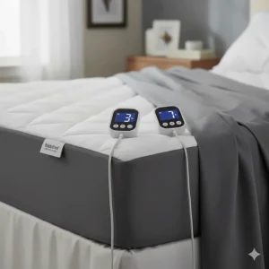 Close-up of dual digital controllers for a Biddeford king heated mattress pad allowing independent heat zones.