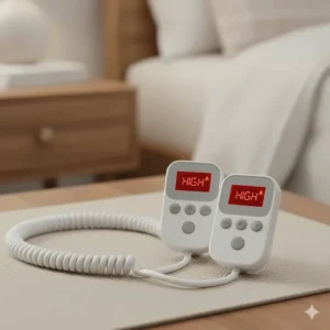 Close-up of the dual digital controllers for a Biddeford queen heated mattress pad showing heat settings.