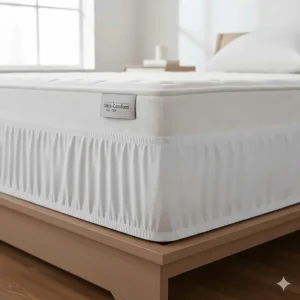 Illustration of the elastic deep pocket skirt on a California King heated mattress pad fitting a thick mattress.