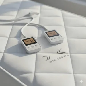 Illustration showing independent dual heat controllers for a full-size heated mattress pad.