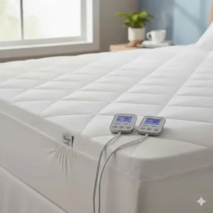 Close-up of dual heating controllers for a Serta heated mattress pad allowing independent temperature settings.