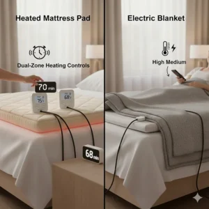 Close-up of dual-zone temperature controllers allowing separate heat settings for couples using a heated mattress pad or electric blanket.