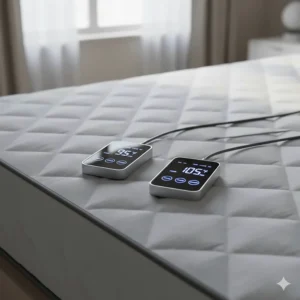 Two digital controllers for a dual-zone waterproof heated mattress pad allowing independent heat settings.