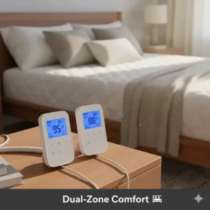 Close-up of dual bedside controllers for a budget-friendly king size heated mattress pad.