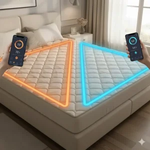 Illustration showing split-side temperature controls on a king-size wifi heated mattress pad for couples.