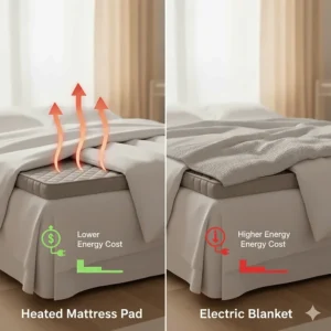 Comparison graphic showing the energy efficiency of using a heated mattress pad versus an electric blanket for overnight warmth.