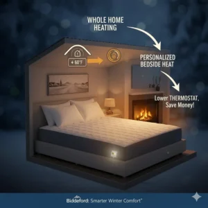 Infographic explaining how using a Biddeford heated mattress pad can lower home heating costs in winter.