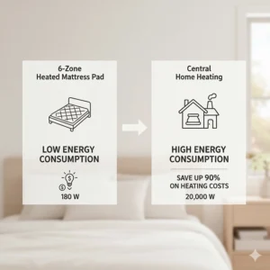 Infographic comparing the low energy consumption of a 6 zone heated mattress pad to central heating.