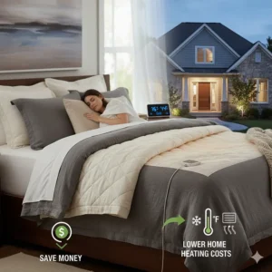 Illustration showing how using a California King heated mattress pad can lower home heating costs in winter.