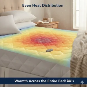 Heat map diagram showing consistent warmth across a heated mattress pad under $100.