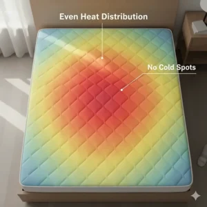 Heat map illustration demonstrating even heat distribution across a Twin XL mattress surface without cold spots.