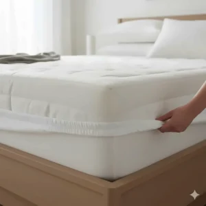 Illustration of the elastic fitted skirt of a heated mattress pad stretching over a thick mattress.