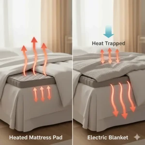Diagram showing how heat rises from a heated mattress pad versus being trapped by an electric blanket in a photorealistic bedroom setting.
