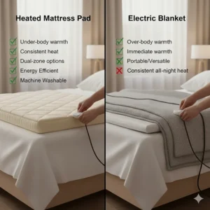 A comprehensive visual checklist summarizing the pros and cons of choosing a heated mattress pad versus an electric blanket.