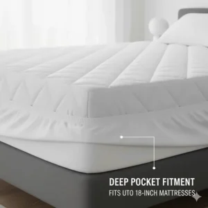 Close-up illustration of the elastic skirt on a full-size heated mattress pad fitting a 16-inch deep mattress.