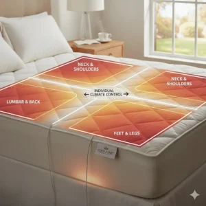 Diagram showing the 6 independent heating zones for neck, back, and feet on both sides of the bed.