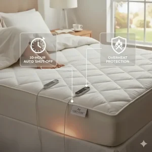 Graphic showing the 10-hour auto-shutoff and overheat protection features for safe sleeping.