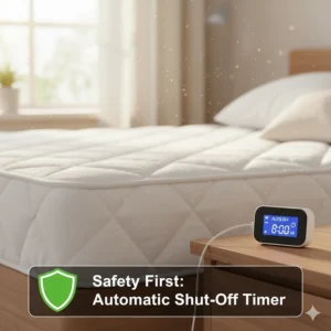 Illustration of an automatic shut-off timer on an affordable heated mattress topper for safety.