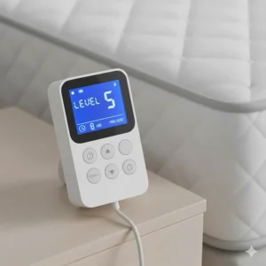 Graphic showing the digital display and settings for a heated mattress pad including timer and 10-level heat control.